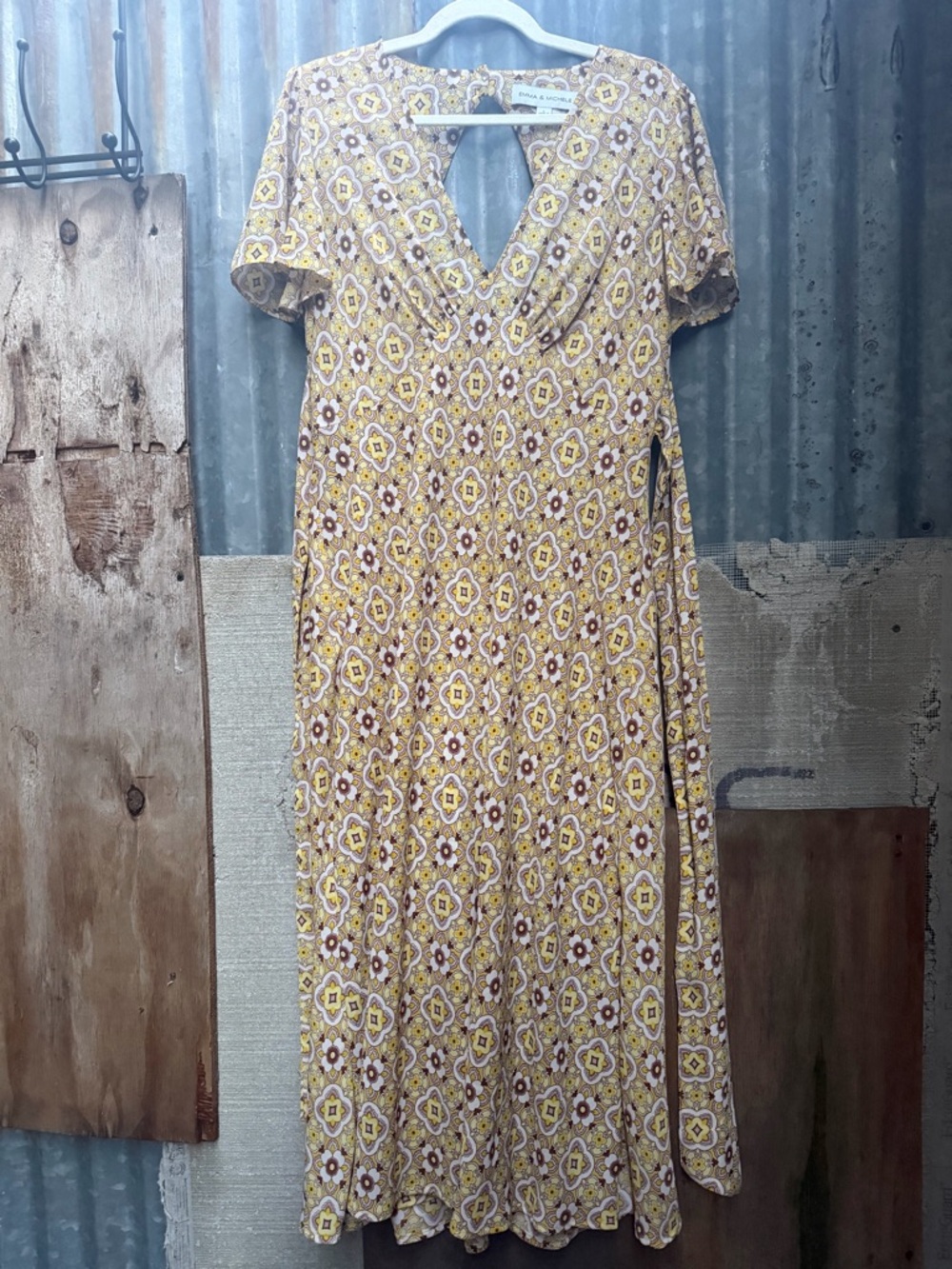 Emma & Michele Yellow and Brown Patterned Midi Dress
